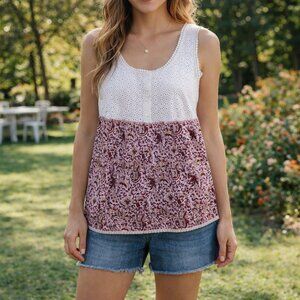 Prana Babydoll Tank XL Cream Eyelet Lace & Pink Floral Bird Print Organic Cotton